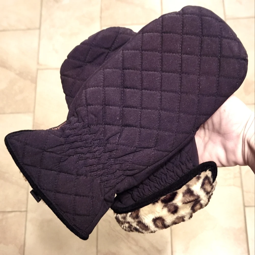 Anthropologie Black Quilted Mittens W/Faux Fur Animal Print Lining M